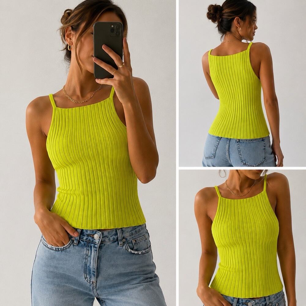 Zara Ribbed Knit Tank Top XS Neon Lime Green Stretch Sleeveless Cami NWT